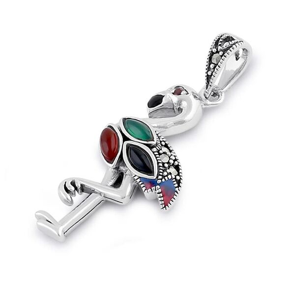 Sterling Silver Black Onyx Mixon and Dark Garnet Flamingo Marcasite Pendant New - Picture 1 of 4
